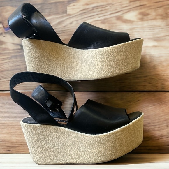 DEREK LAM FABIAN Ankle Wrap BLACK LEATHER PLATFORM WEDGE SANDALS SIZE 7 B…Goth - Picture 12 of 15